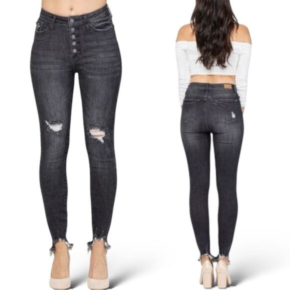 NWT Judy Blue High Waist Skinny Jeans Size 5 27 Distressed Exposed Button Fly